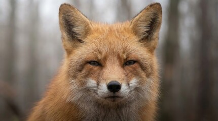 Close-up image featuring a red fox with vibrant orange fur looking directly at the viewer, showcasing its facial features and natural expression in a forest habitat