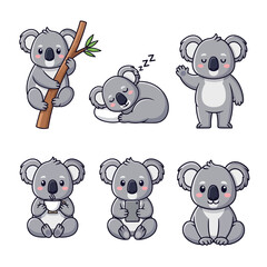 Fototapeta premium Cartoon koalas in various poses, including sleeping and using a phone.