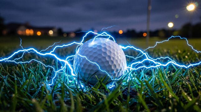 A golf ball on a grassy field with blue lightning striking around it at night