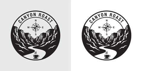 Canyon Roast Coffee Logo Design with Compass Rose and Mountain Valley Landscape © Hamdani