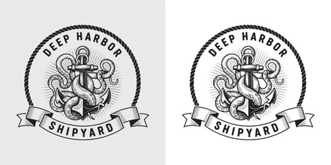 Obraz premium Deep Harbor Shipyard Logo featuring Anchor and Kraken Octopus Tentacles