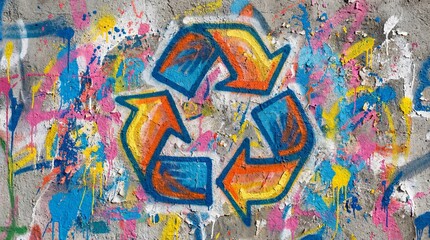 Obraz premium A vibrant recycling symbol spray painted on a colorful urban wall with graffiti art.