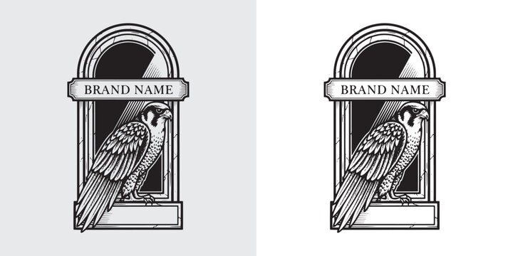 Detailed Falcon Bird Portrait Logo in Classic Arch Window Frame Illustration