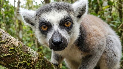 Fototapeta premium Ring-tailed lemur, a native primate of madagascar, is resting on a mossy tree branch in its natural forest habitat, looking intensely at the camera with its striking amber eyes