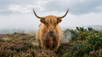 Naklejka premium Highland cow standing upright. Looking directly ahead. Surrounded by blooming purple heather and yellow gorse on a vast. Misty moorland under an overcast sky. Embodying scottish nature and wilderness