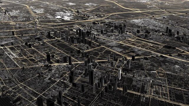 Wireframe view of Bangkok with street network in grayscale, black roads and buildings covered by white wireframe lines, dark shadows between structures forming a high contrast city map from above.