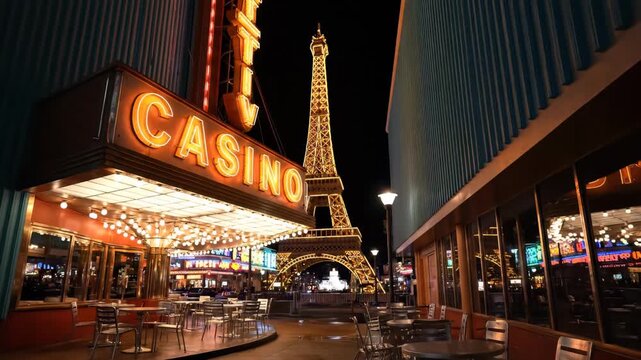 Night time double exposure of illuminated casino marquee and Eiffel Tower replica, concept for travel destination marketing, entertainment venue design and urban nightlife photography