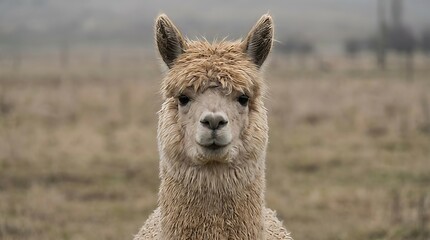 Fototapeta premium Alpaca with light colored wool standing outdoors in a brown field, observing the camera with a calm expression on its face, showcasing its unique animal features