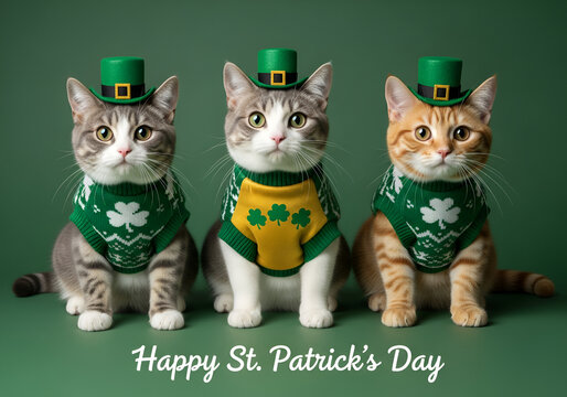 Adorable trio of festive kittens modeling vibrant green St. Patrick's Day sweaters and tiny festive top hats on white background