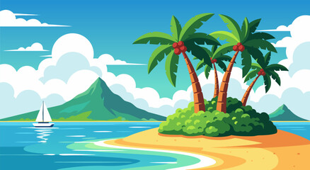 Obraz premium Serene Tropical Island Vector Illustration with Sandy Beach, Palm Trees, Sailboat, and Mountain in Calm Waters