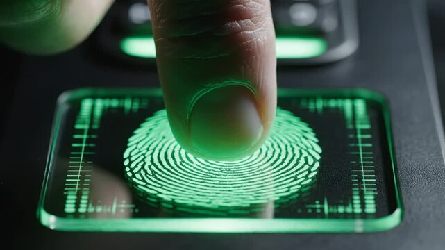 In a modern setting, a finger approaches a fingerprint scanner, revealing an intricate green pattern that showcases the blend of technology and identity.
