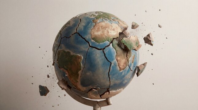A cracked and broken globe representing the fragility of our planet
