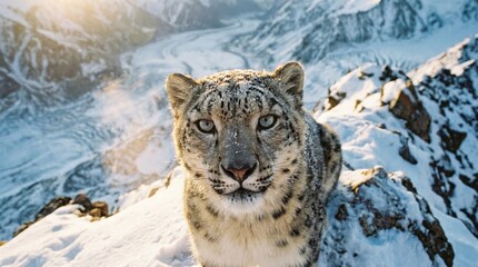 Fototapeta premium Snow leopard standing on a snow-covered mountain peak, its face dusted with snow, carefully watching the viewer from its harsh, natural high-altitude habitat
