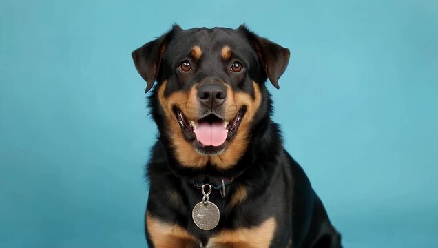 Engaging 4K studio footage capturing a beautiful Rottweiler doggy wearing a collar playfully tilting its head to the side and posing with its tongue out against a bright uniform blue background