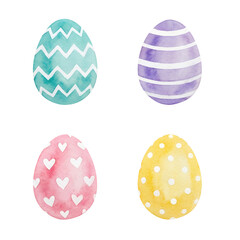 Set of four watercolor decorative Easter eggs with various patterns on transparent background for spring holiday card, for greeting invitations and crafts.