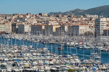Panoramic view of the Vieux Port and city skyline in Marseille