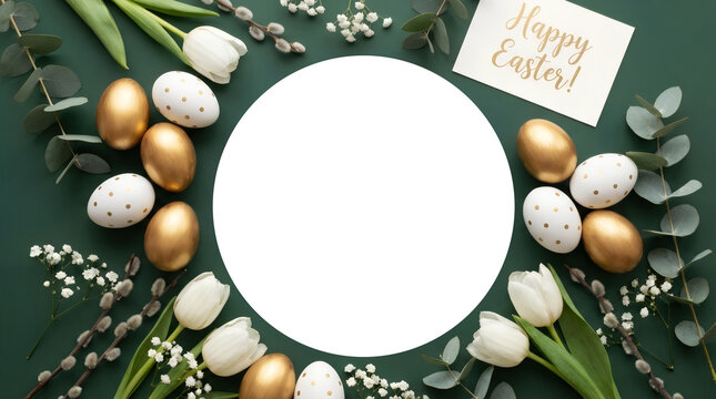 Flat lay Easter decoration with golden and white eggs, tulip, willow, and eucaliptus frame for design on transparent background. Banner template Happy Easter with copy space.