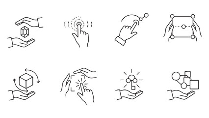 Obraz premium Hand interaction gesture icon set for augmented reality applications, gesture control interfaces, interactive technology tutorials, virtual manipulation demonstrations, and touchless innovation