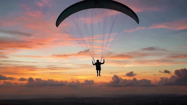 striking 4k silhouette of paraglider gliding smoothly through colorful sunset sky capturing adrenaline freedom and adventure of extreme sports as vibrant horizon creates dramatic