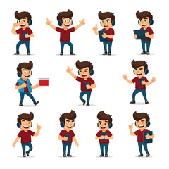 Naklejka premium Collection of cartoon characters using various electronic devices and making gestures.