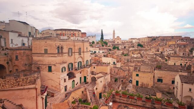 Matera old town in Basilicata, Italy. Slow panning shot