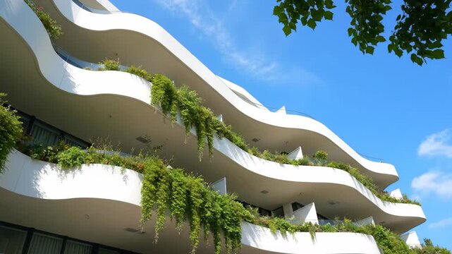 Modern white apartment building with curved balconies lush with hanging green vegetation under bright blue sky, concept for real estate investment, sustainable architecture and urban gardening