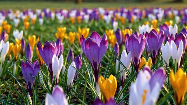 breathtaking 4k ultra hd cinematic footage capturing magical essence early spring vibrant purple crocuses gently bloom lush green meadow under warm sunlight symbolizing seasonal renewal natural beauty