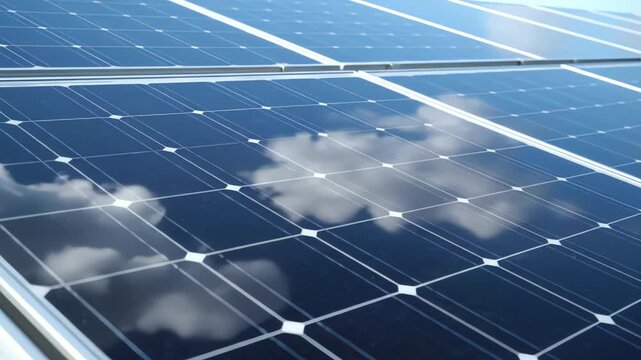 Dynamic view of solar panels reflecting the sky and clouds, showcasing innovation in renewable power generation and environmental sustainability