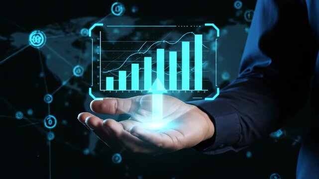 Close-up of businessman hand holding glowing holographic bar chart with upward trend, concept for financial analysis presentation, data visualization dashboard and digital marketing strategy