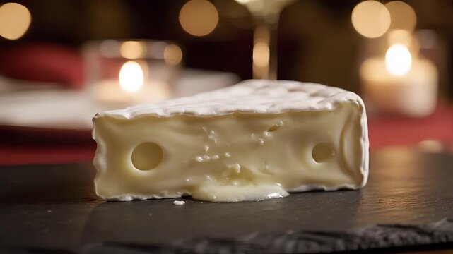 Delicious brie cheese on a slate plate in a cozy restaurant setting