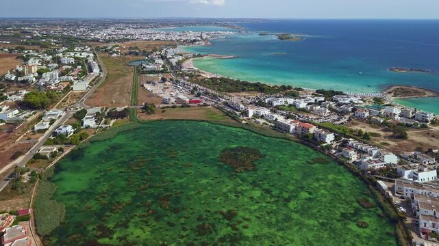 Aerial view of Bacino di Torre Chianca and Idume River, Puglia, Italy.