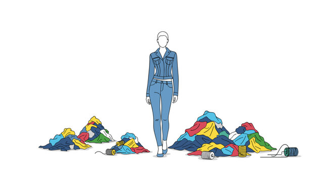 A woman dressed in blue denim jeans and jacket standing amidst piles of colorful discarded clothes and textile waste.