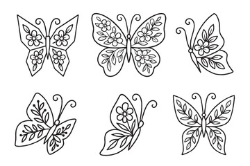 Floral Butterfly Line Art Set, Botanical Butterfly Illustrations, Black Outline Clipart