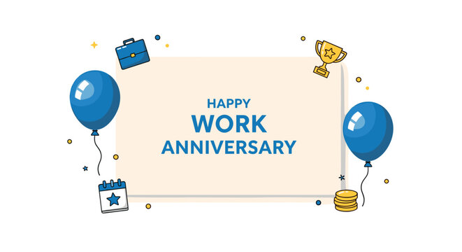 Happy work anniversary greeting card with blue balloons, a briefcase, a trophy, a calendar, and coins.