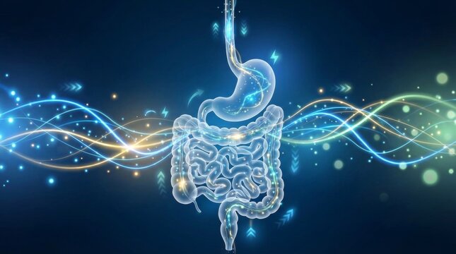 Human digestive system, including stomach and intestines, processing nutrients with glowing energy lines representing metabolism, gut health, and medical science on a dark blue background