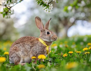Brauner Hase auf einer bl&uuml;henden Fr&uuml;hlingswiese im warmen Sonnenlicht mit weichem Bokeh-Hintergrund &ndash; nat&uuml;rliche, ruhige Szene mit zarter Fr&uuml;hlingsstimmung und Bezug zu Ostern.