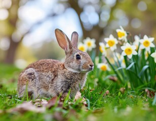 Brauner Hase auf einer bl&uuml;henden Fr&uuml;hlingswiese im warmen Sonnenlicht mit weichem Bokeh-Hintergrund &ndash; nat&uuml;rliche, ruhige Szene mit zarter Fr&uuml;hlingsstimmung und Bezug zu Ostern.