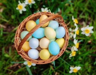 Draufsicht auf einen geflochtenen Korb voller pastellfarbener Ostereier auf einer gr&uuml;nen Fr&uuml;hlingswiese mit bl&uuml;henden Narzissen