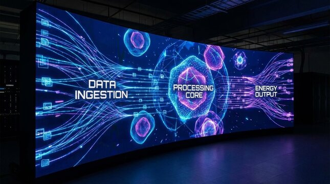 Large led screen displaying an abstract digital concept of data ingestion flowing into a processing core, generating an energy output, representing technological advancements in computing