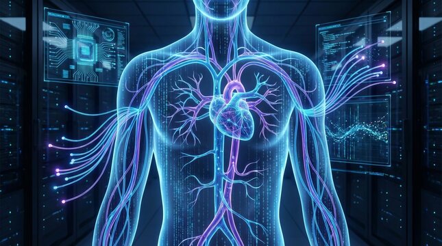 Human body hologram with visible internal organs and circulatory system integrating with digital data streams and server racks, representing a blending of biology and technology