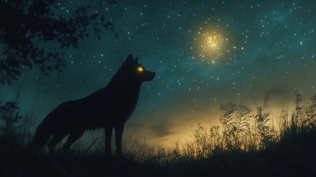 Silhouetted wolf at night under starry sky