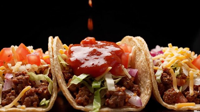 Tasty tacos filled with seasoned ground meat and fresh toppings, spicy sauce