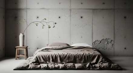 Wabi-Sabi Bedroom with Raw Concrete Walls and Minimalist Decor