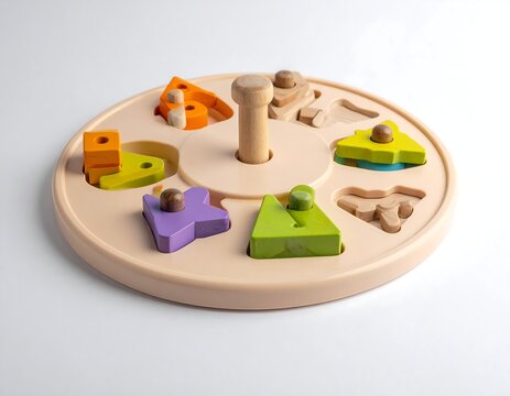 A round wooden puzzle toy with colorful shapes