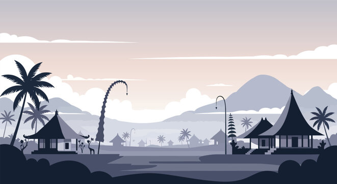 Bali Tropical Village Huts with Palm Trees.