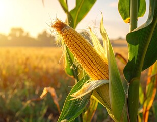 A ripe corn on the cob in a field at sunset