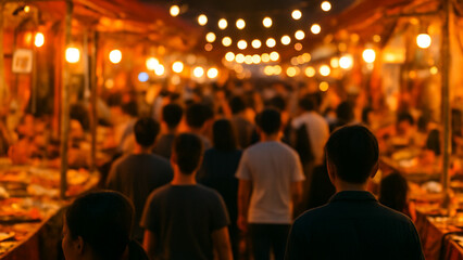 Evening Bazaar with Warm Lights and Blurred Crowd