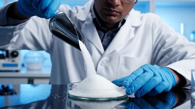 Amidst a high-tech lab environment, a researcher in a white coat carefully transfers fine white powder from a metal scoop into a glass container. The blue glow enhances the precision of the task.
