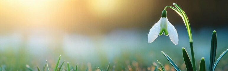Obraz premium Snowdrop flower with morning dew on petals blooming after winter, symbolizing new beginnings, renewal, hope, and the purity of the early spring season with soft natural light