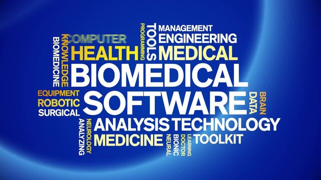 Biomedical software animated word cloud-text design animation tag kinetic typography seamless loop.